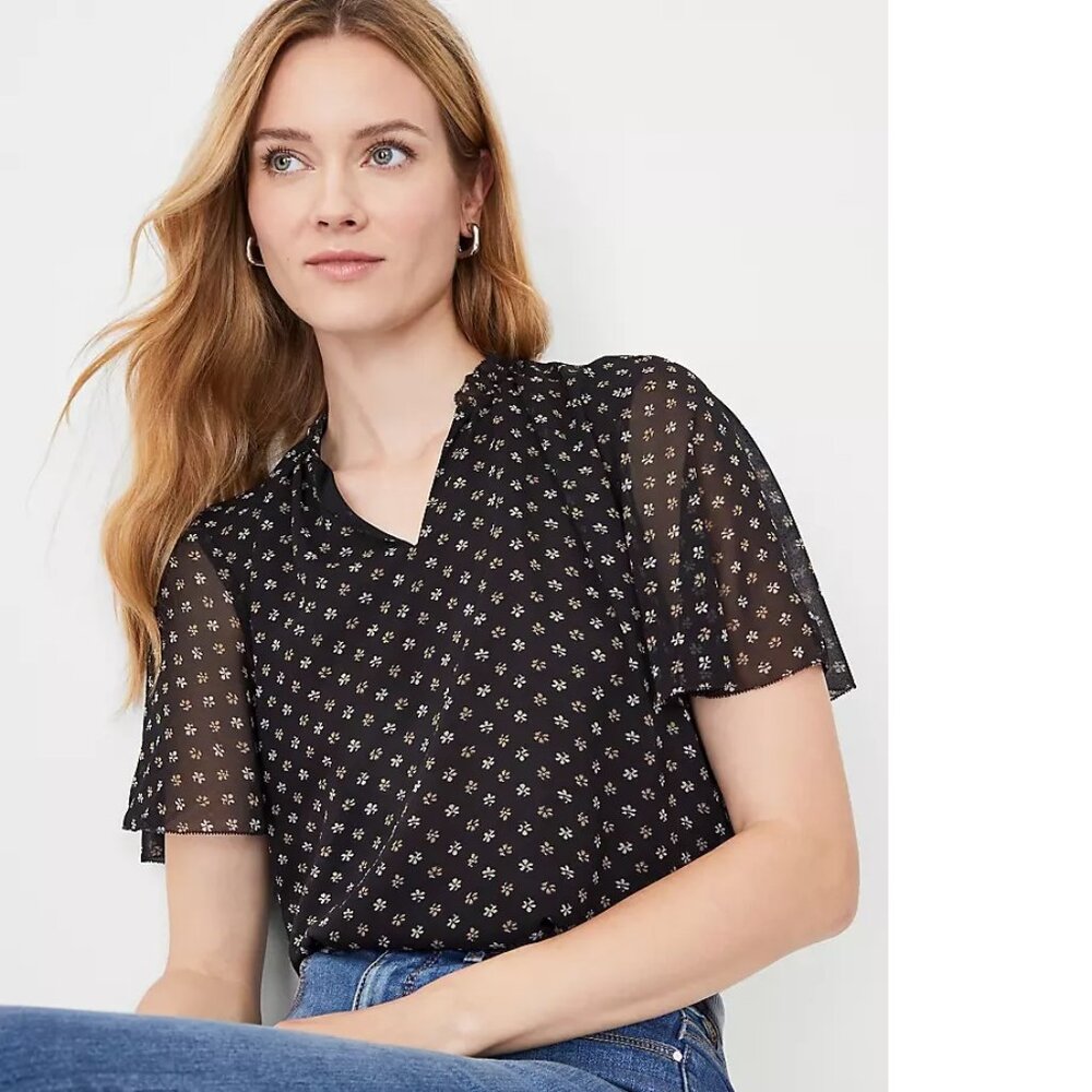 Ann Taylor Floral Flounce Sleeve Ruffle Neck Popover
